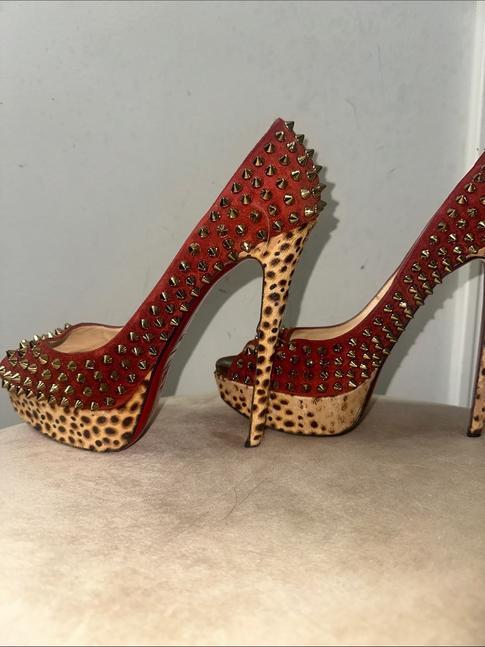 Christian Louboutin Red Suede Leopard-Print Stud Platform Pumps